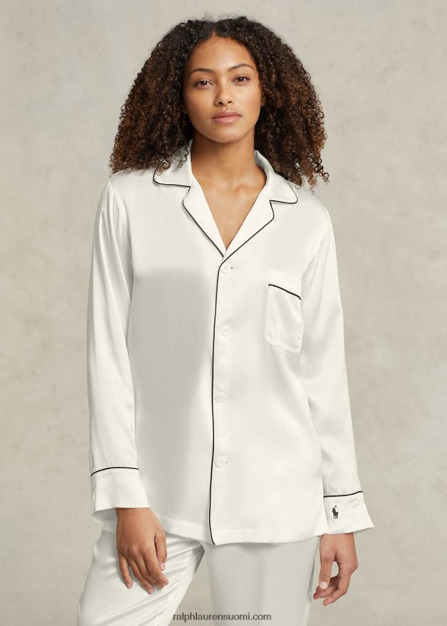Ralph Lauren naiset pitkähihainen joustava silkkipyjamasetti 0Z24ZR3007 ekru