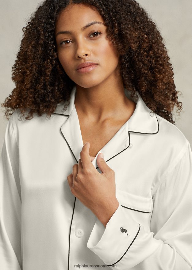 Ralph Lauren naiset pitkähihainen joustava silkkipyjamasetti 0Z24ZR3007 ekru