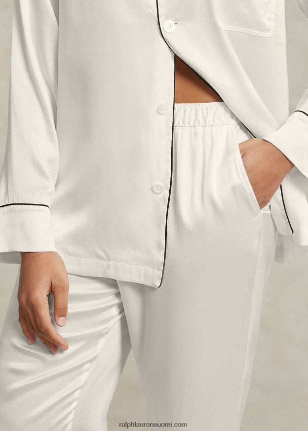 Ralph Lauren naiset pitkähihainen joustava silkkipyjamasetti 0Z24ZR3007 ekru