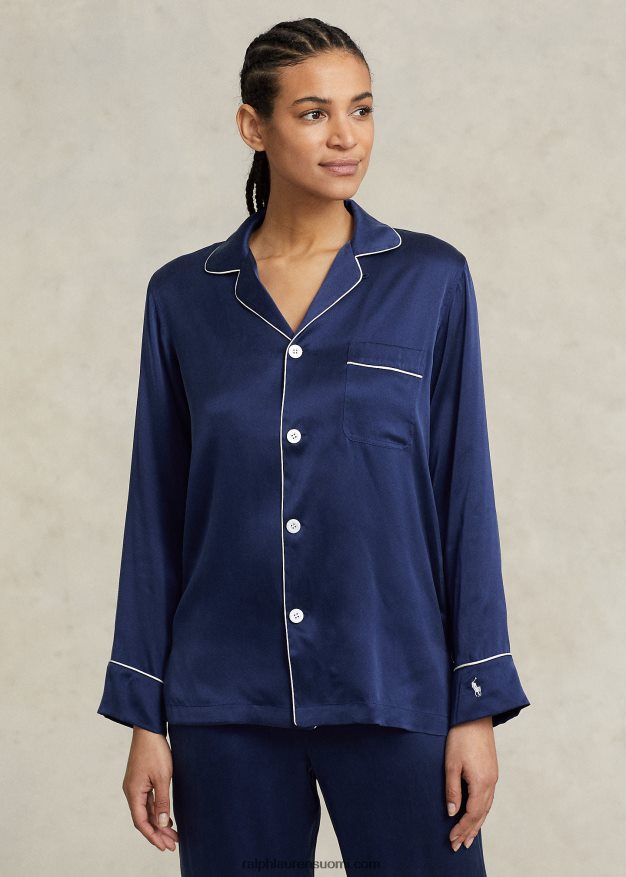 Ralph Lauren naiset pitkähihainen joustava silkkipyjamasetti 0Z24ZR3008 laivasto