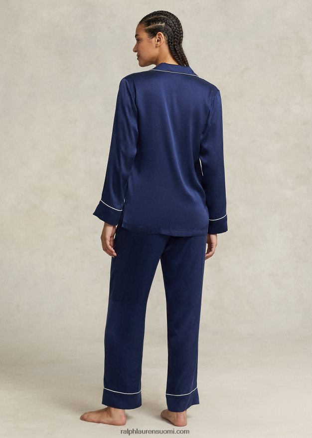 Ralph Lauren naiset pitkähihainen joustava silkkipyjamasetti 0Z24ZR3008 laivasto