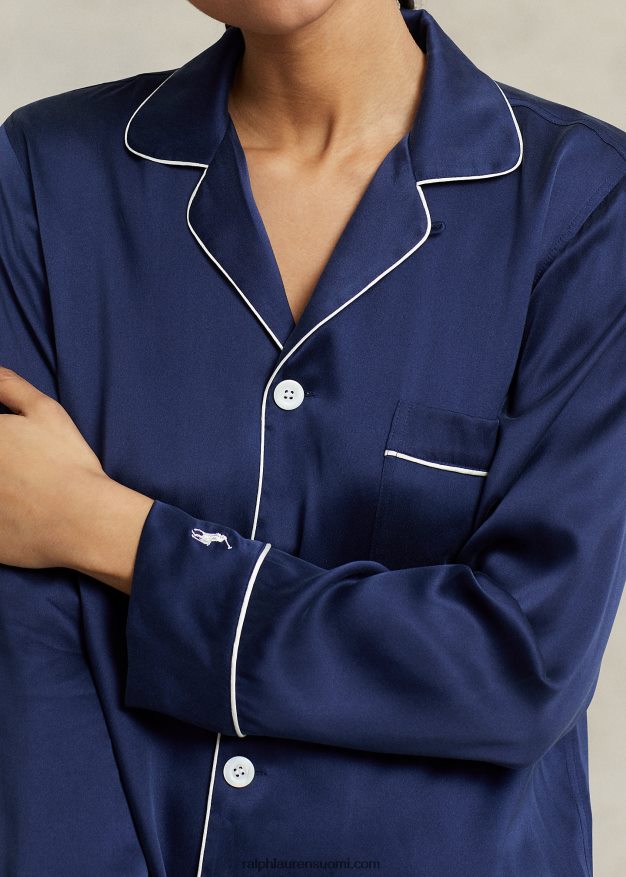 Ralph Lauren naiset pitkähihainen joustava silkkipyjamasetti 0Z24ZR3008 laivasto
