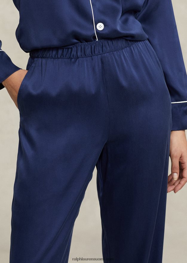 Ralph Lauren naiset pitkähihainen joustava silkkipyjamasetti 0Z24ZR3008 laivasto