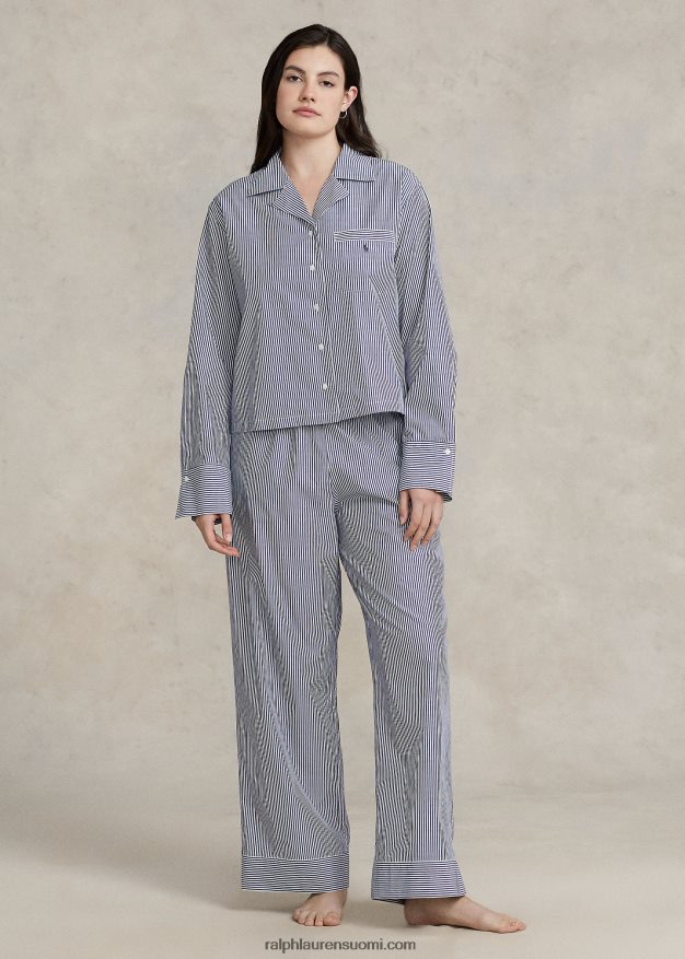 Ralph Lauren naiset pitkähihainen popliinipyjamasetti 0Z24ZR3012 laivasto raita
