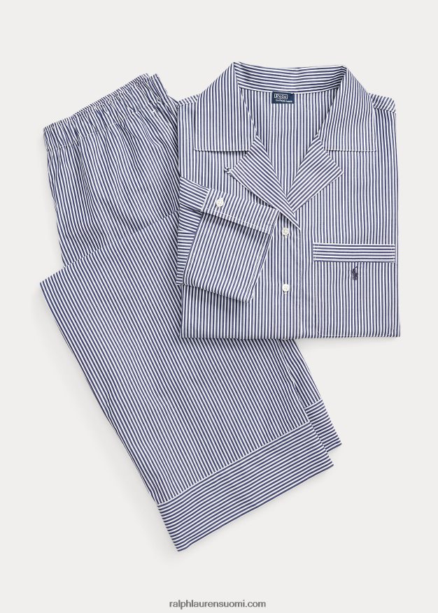 Ralph Lauren naiset pitkähihainen popliinipyjamasetti 0Z24ZR3012 laivasto raita