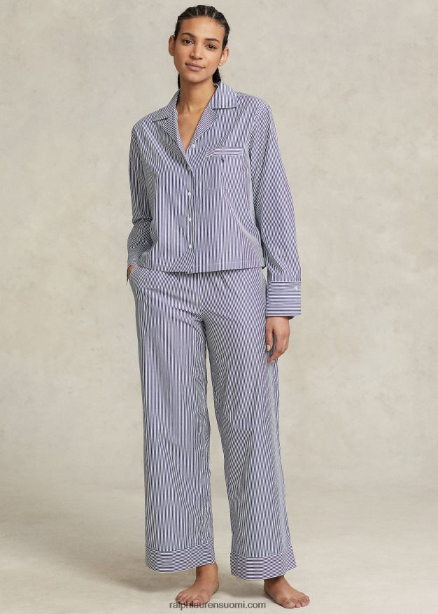 Ralph Lauren naiset pitkähihainen popliinipyjamasetti 0Z24ZR3012 laivasto raita