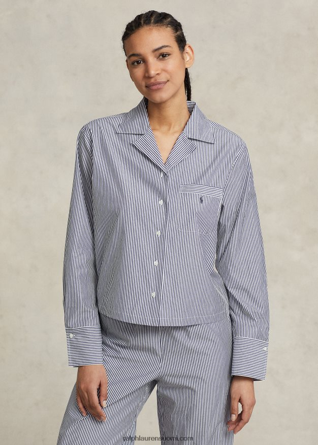 Ralph Lauren naiset pitkähihainen popliinipyjamasetti 0Z24ZR3012 laivasto raita