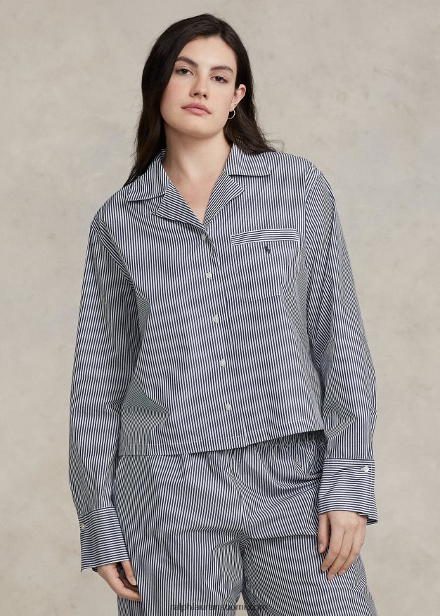 Ralph Lauren naiset pitkähihainen popliinipyjamasetti 0Z24ZR3012 laivasto raita