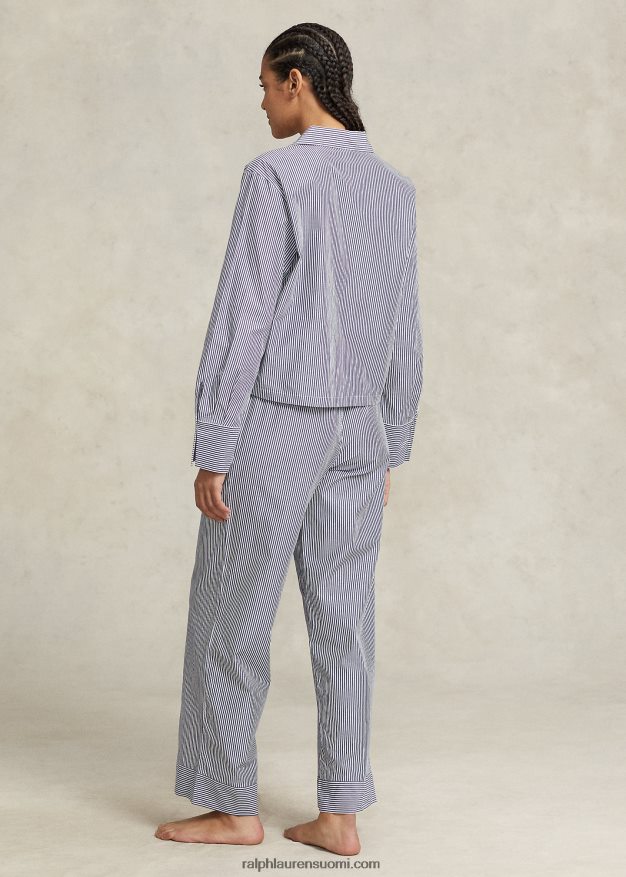 Ralph Lauren naiset pitkähihainen popliinipyjamasetti 0Z24ZR3012 laivasto raita