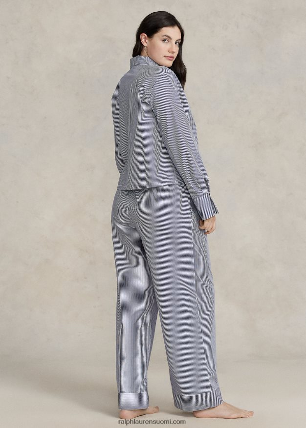 Ralph Lauren naiset pitkähihainen popliinipyjamasetti 0Z24ZR3012 laivasto raita