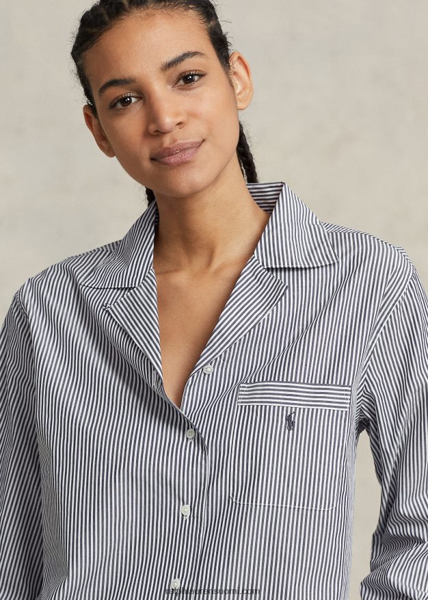 Ralph Lauren naiset pitkähihainen popliinipyjamasetti 0Z24ZR3012 laivasto raita