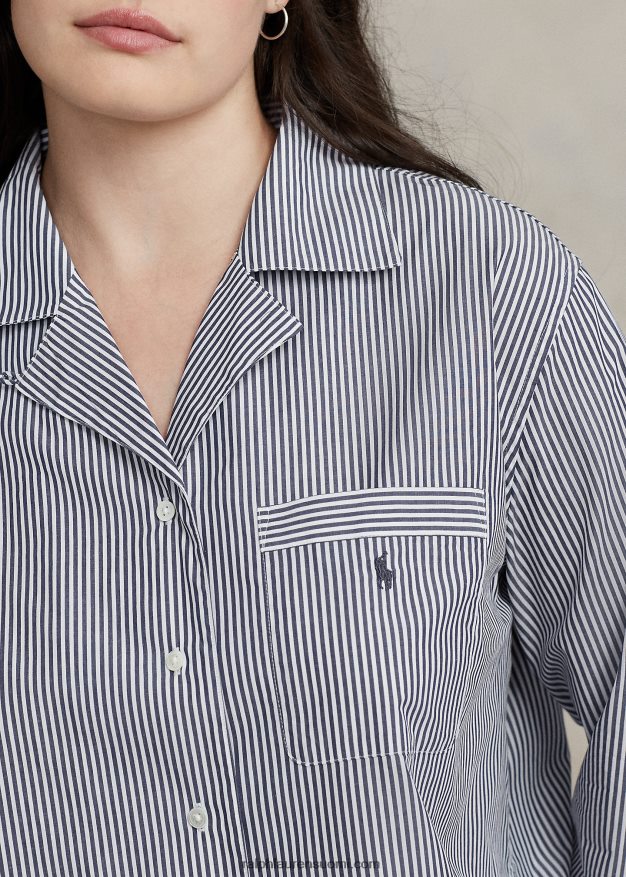 Ralph Lauren naiset pitkähihainen popliinipyjamasetti 0Z24ZR3012 laivasto raita