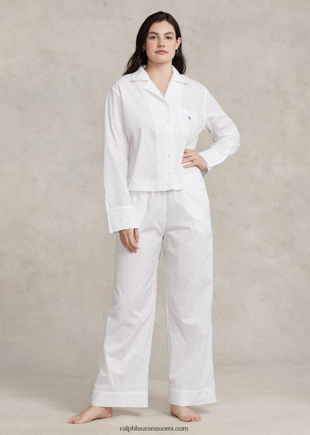 Ralph Lauren naiset pitkähihainen popliinipyjamasetti 0Z24ZR3013 valkoinen pilvi