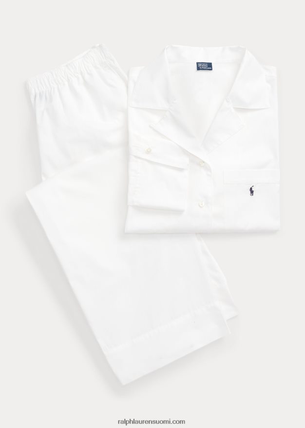 Ralph Lauren naiset pitkähihainen popliinipyjamasetti 0Z24ZR3013 valkoinen pilvi