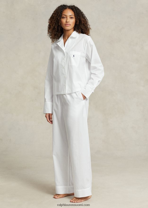 Ralph Lauren naiset pitkähihainen popliinipyjamasetti 0Z24ZR3013 valkoinen pilvi