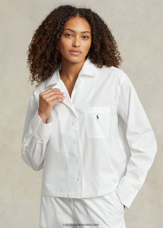 Ralph Lauren naiset pitkähihainen popliinipyjamasetti 0Z24ZR3013 valkoinen pilvi