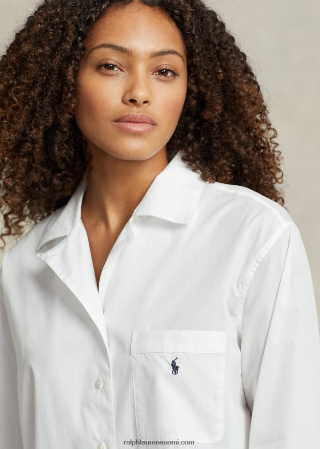 Ralph Lauren naiset pitkähihainen popliinipyjamasetti 0Z24ZR3013 valkoinen pilvi