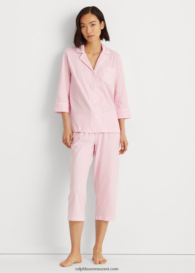 Ralph Lauren naiset puuvilla capri nukkumissetti 0Z24ZR4250 vaaleanpunainen valkoinen raita