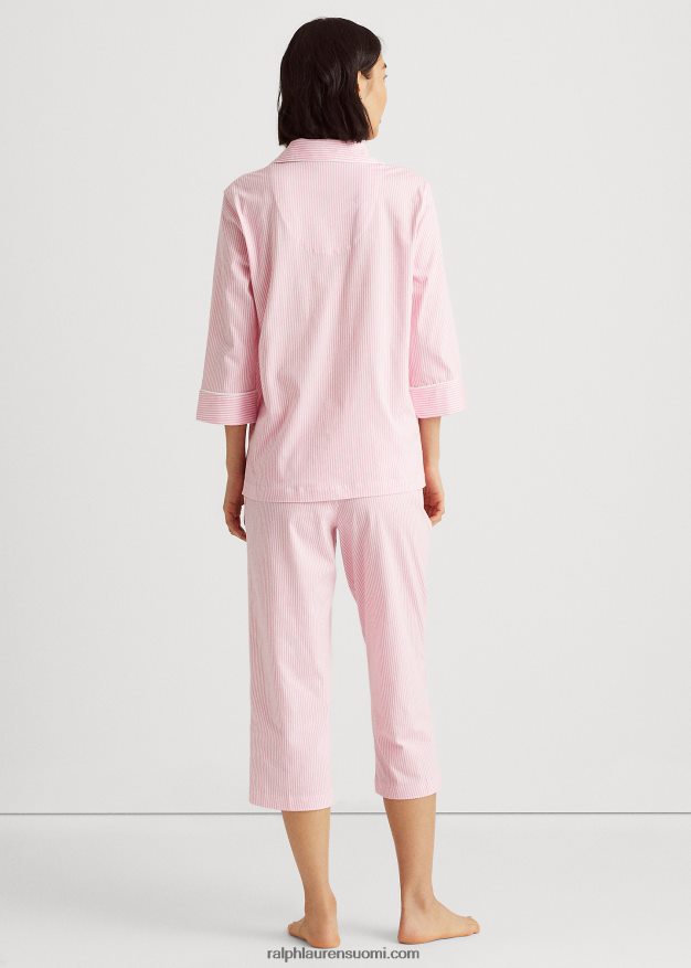 Ralph Lauren naiset puuvilla capri nukkumissetti 0Z24ZR4250 vaaleanpunainen valkoinen raita