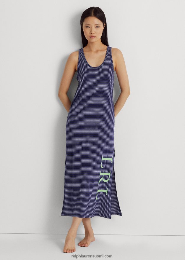 Ralph Lauren naiset raidallinen jerseyhihaton yöpaita 0Z24ZR3957 laivasto raita