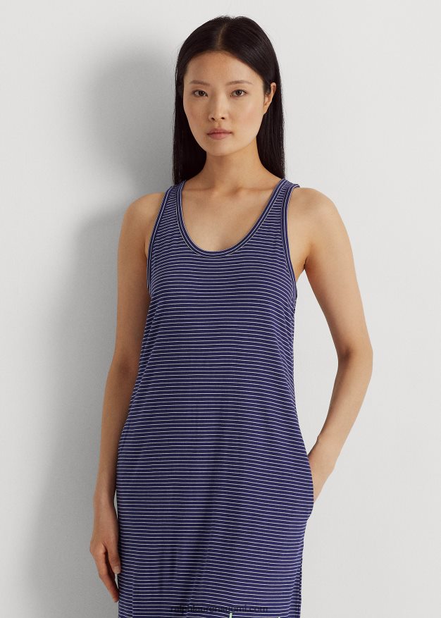 Ralph Lauren naiset raidallinen jerseyhihaton yöpaita 0Z24ZR3957 laivasto raita