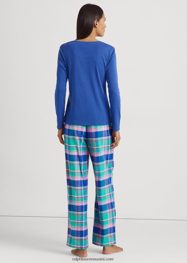 Ralph Lauren naiset ruudullinen pitkähihainen pyjamasetti 0Z24ZR9576 sininen ruudullinen