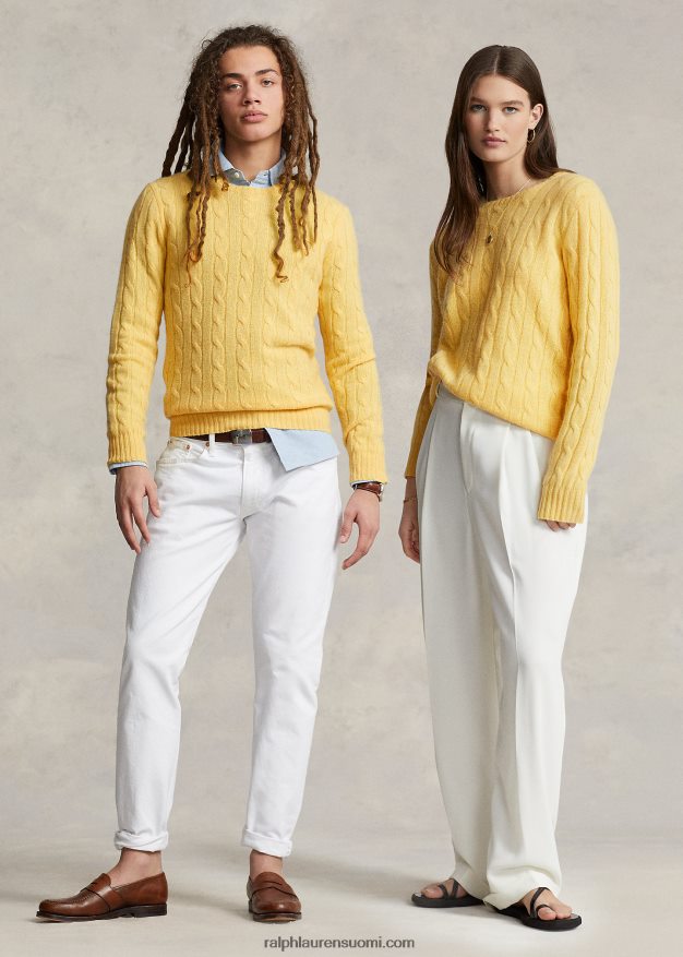Ralph Lauren sukupuolineutraali ikoninen kaapelineulottu kashmirpusero 0Z24ZR3397 syksy keltainen