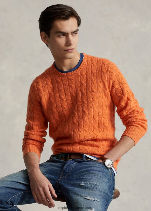 Ralph Lauren sukupuolineutraali ikoninen kaapelineulottu kashmirpusero 0Z24ZR3398 aurinkooranssi