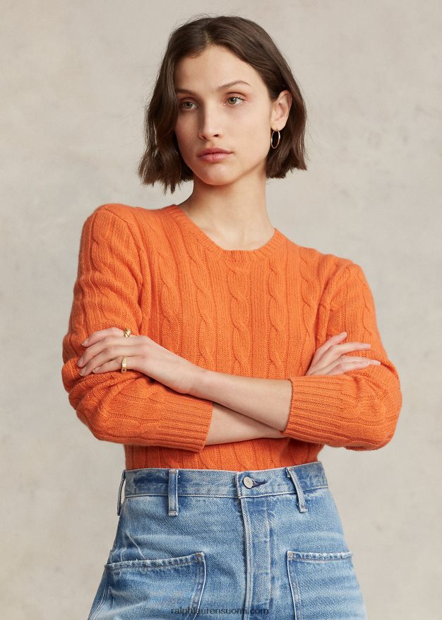 Ralph Lauren sukupuolineutraali ikoninen kaapelineulottu kashmirpusero 0Z24ZR3398 aurinkooranssi