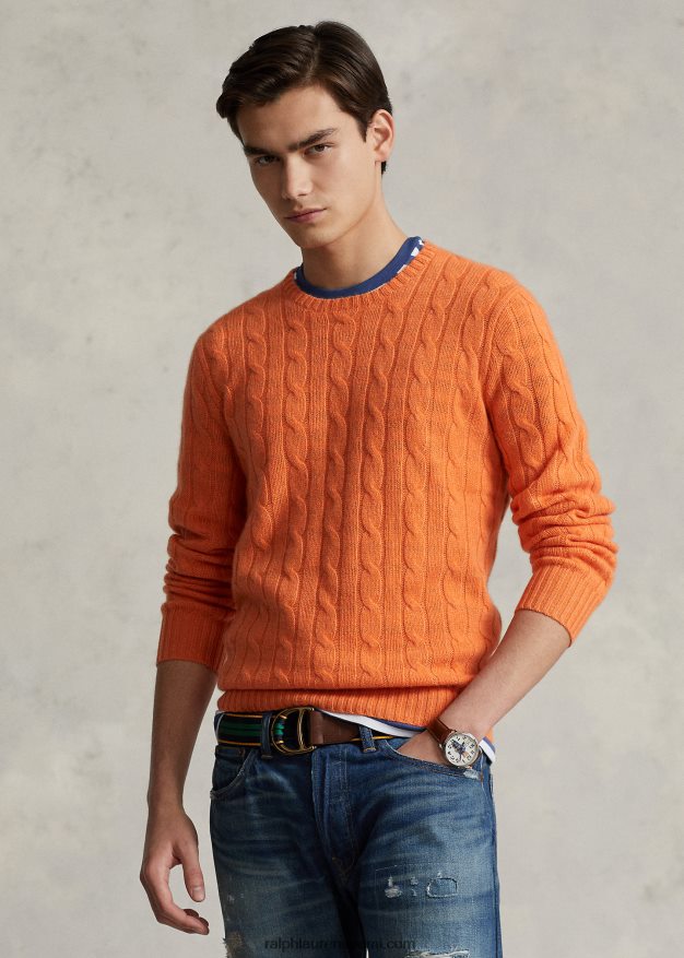 Ralph Lauren sukupuolineutraali ikoninen kaapelineulottu kashmirpusero 0Z24ZR3398 aurinkooranssi