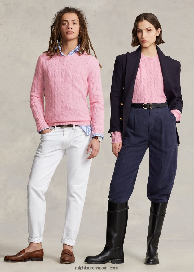 Ralph Lauren sukupuolineutraali ikoninen kaapelineulottu kashmirpusero 0Z24ZR3399 pölyinen carmel pinkki