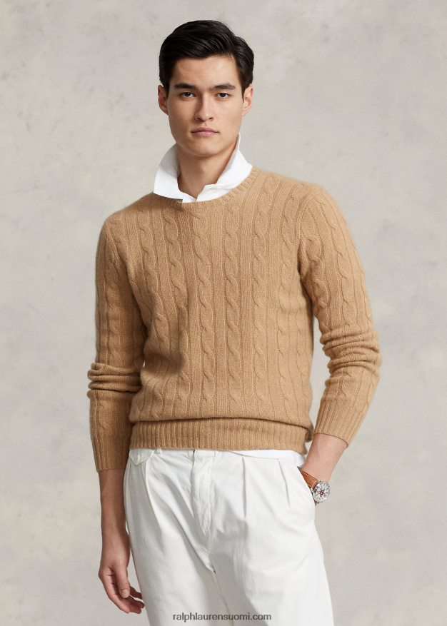 Ralph Lauren sukupuolineutraali ikoninen kaapelineulottu kashmirpusero 0Z24ZR3400 uusi kamelimelange