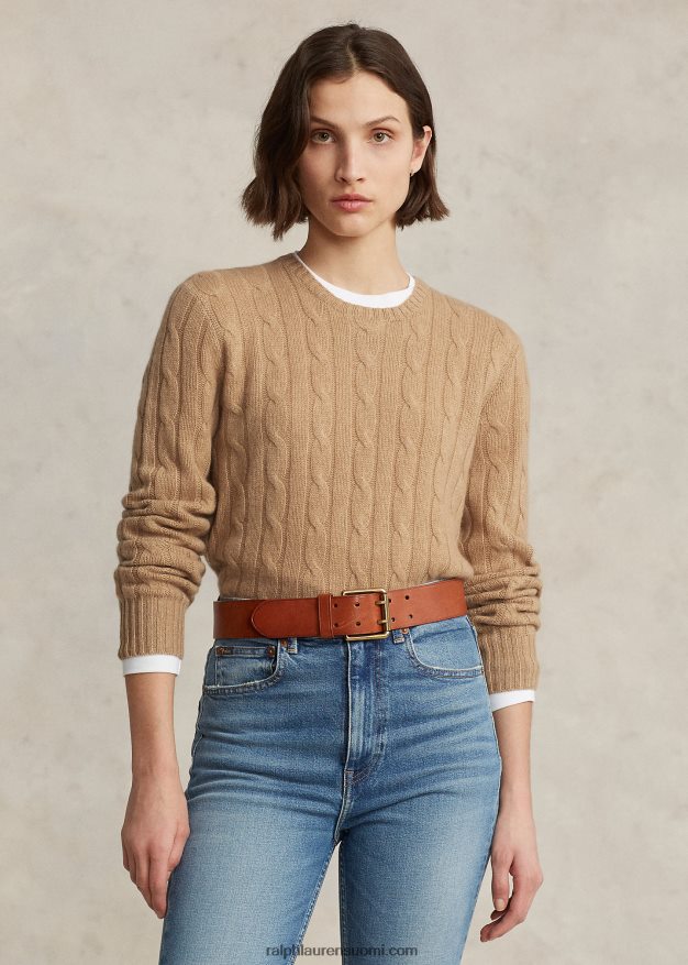 Ralph Lauren sukupuolineutraali ikoninen kaapelineulottu kashmirpusero 0Z24ZR3400 uusi kamelimelange