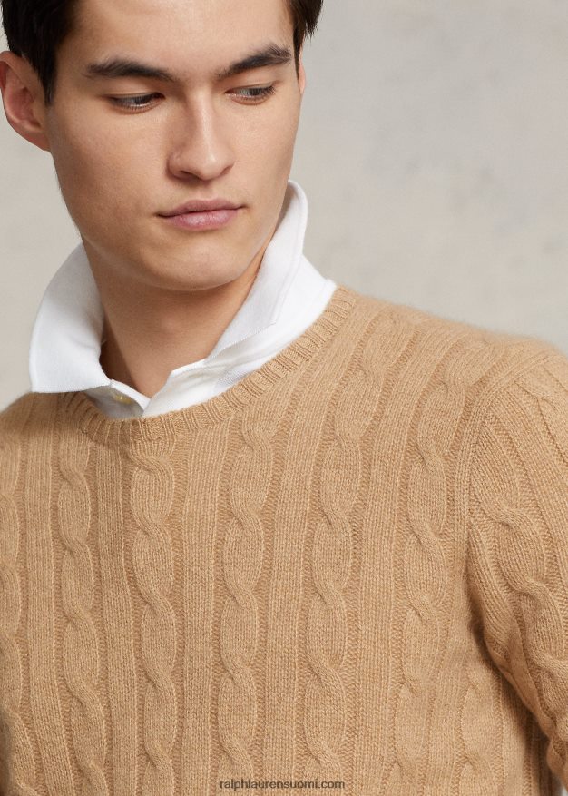 Ralph Lauren sukupuolineutraali ikoninen kaapelineulottu kashmirpusero 0Z24ZR3400 uusi kamelimelange