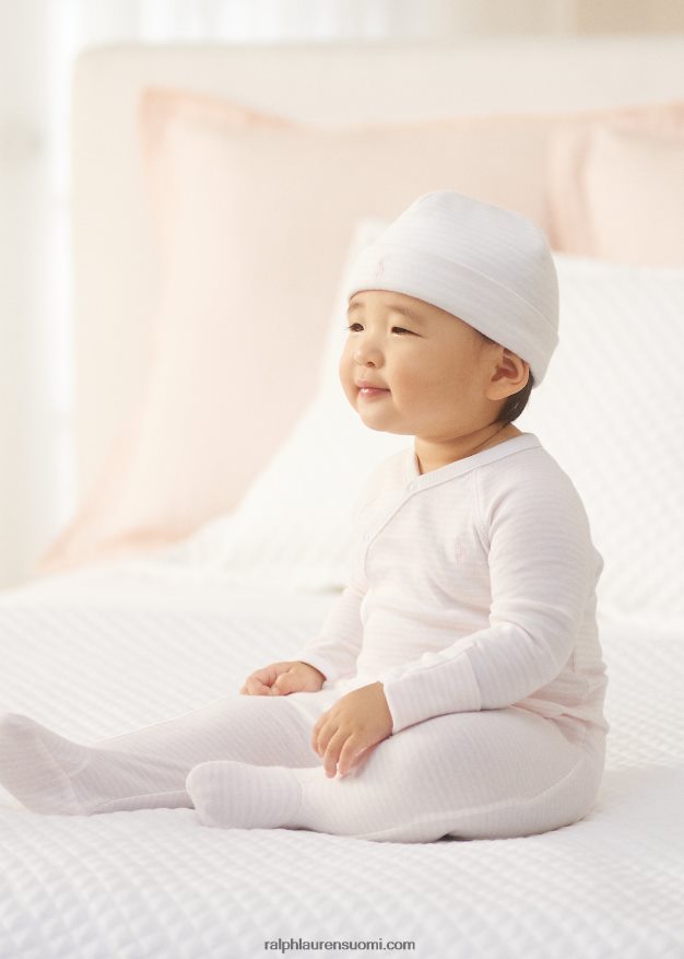 Ralph Lauren vauva raidallinen luomupuuvillajalkainen haalari 0Z24ZR7727 herkkä vaaleanpunainen/valkoinen