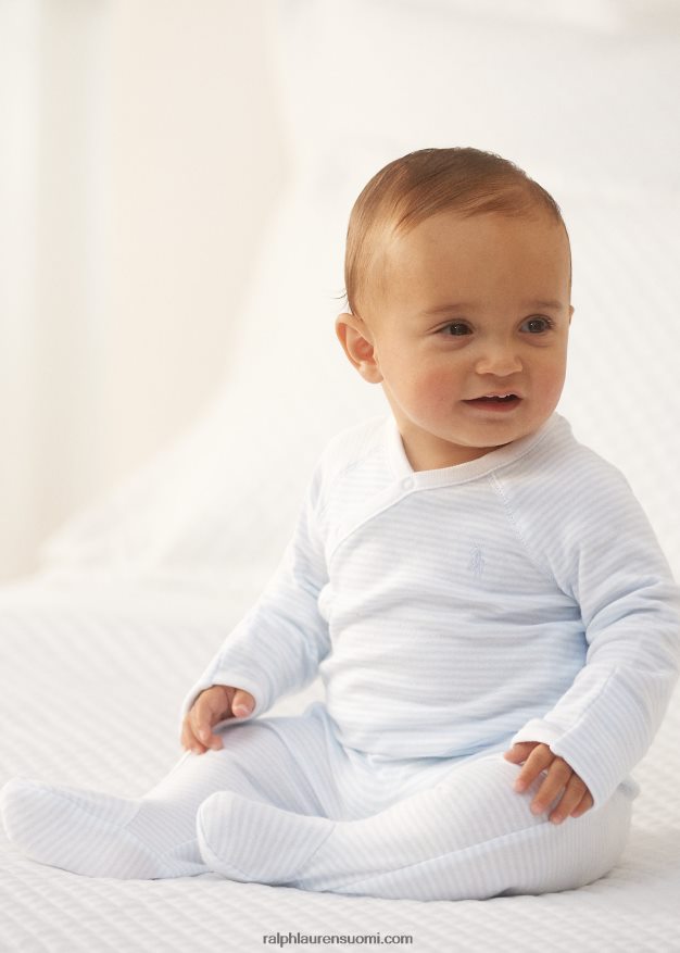 Ralph Lauren vauva raidallinen puuvillajalkainen haalari 0Z24ZR7716 beryllinsininen/valkoinen