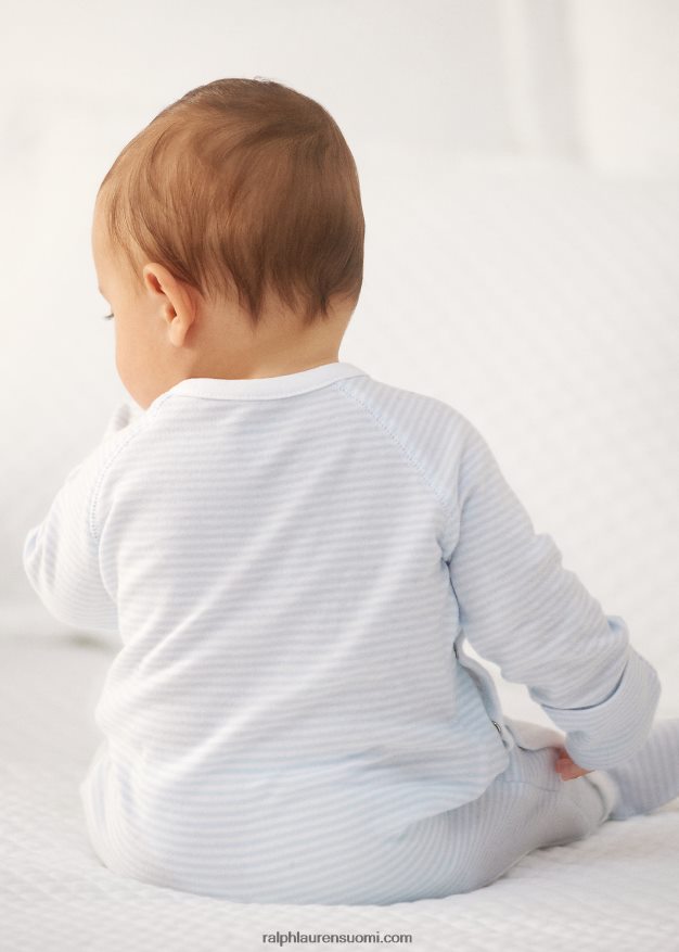 Ralph Lauren vauva raidallinen puuvillajalkainen haalari 0Z24ZR7716 beryllinsininen/valkoinen