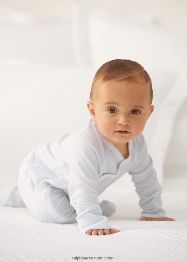 Ralph Lauren vauva raidallinen puuvillajalkainen haalari 0Z24ZR7716 beryllinsininen/valkoinen