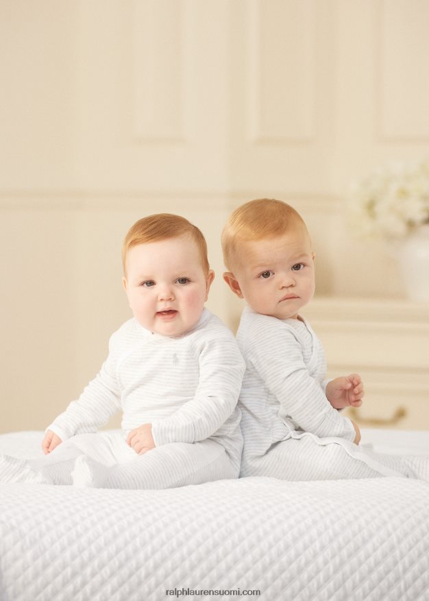 Ralph Lauren vauva raidallinen puuvillajalkainen haalari 0Z24ZR7733 kvartsi kanerva/valkoinen