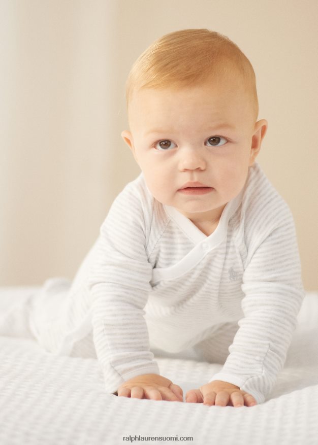 Ralph Lauren vauva raidallinen puuvillajalkainen haalari 0Z24ZR7733 kvartsi kanerva/valkoinen