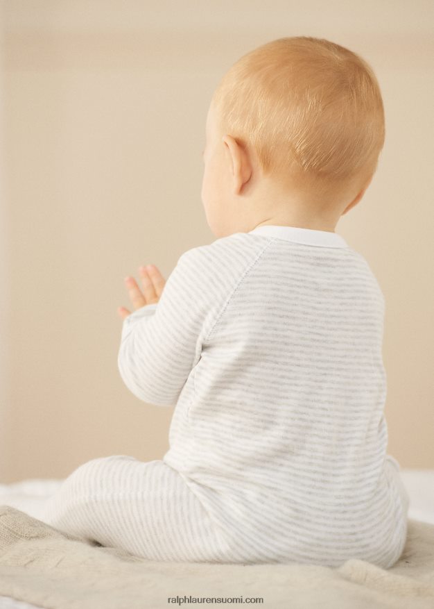 Ralph Lauren vauva raidallinen puuvillajalkainen haalari 0Z24ZR7733 kvartsi kanerva/valkoinen