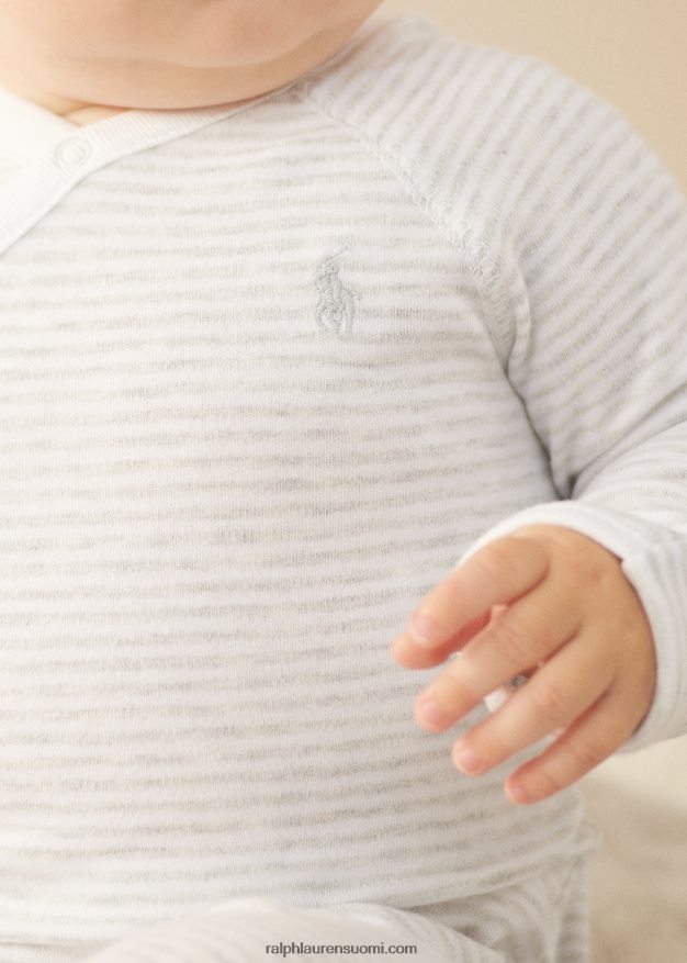 Ralph Lauren vauva raidallinen puuvillajalkainen haalari 0Z24ZR7733 kvartsi kanerva/valkoinen