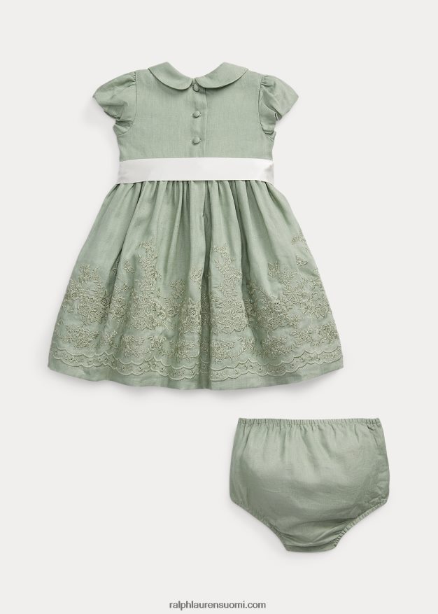 Ralph Lauren vauva kirjailtu pellavamekko & bloomer 0Z24ZR10034 vaaleanvihreä