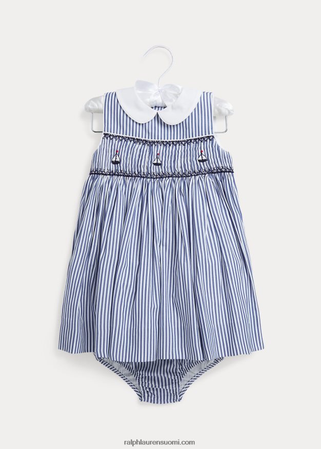 Ralph Lauren vauva purjevene puuvillapopliinimekko & bloomer 0Z24ZR7867 laivasto/valkoinen
