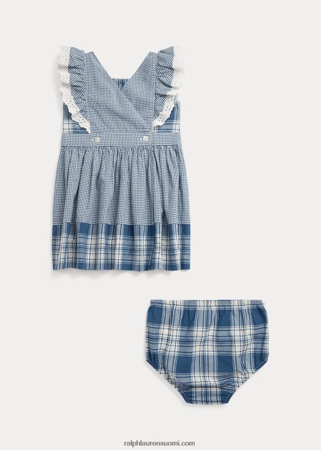 Ralph Lauren vauva ruudullinen puuvilla madras mekko & bloomer 0Z24ZR10030 kannenpesuaine valkoinen/sininen