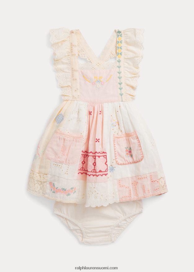 Ralph Lauren vauva tilkkupuuvillasekoitettu mekko & kukintapuku 0Z24ZR10032 valkoinen multi