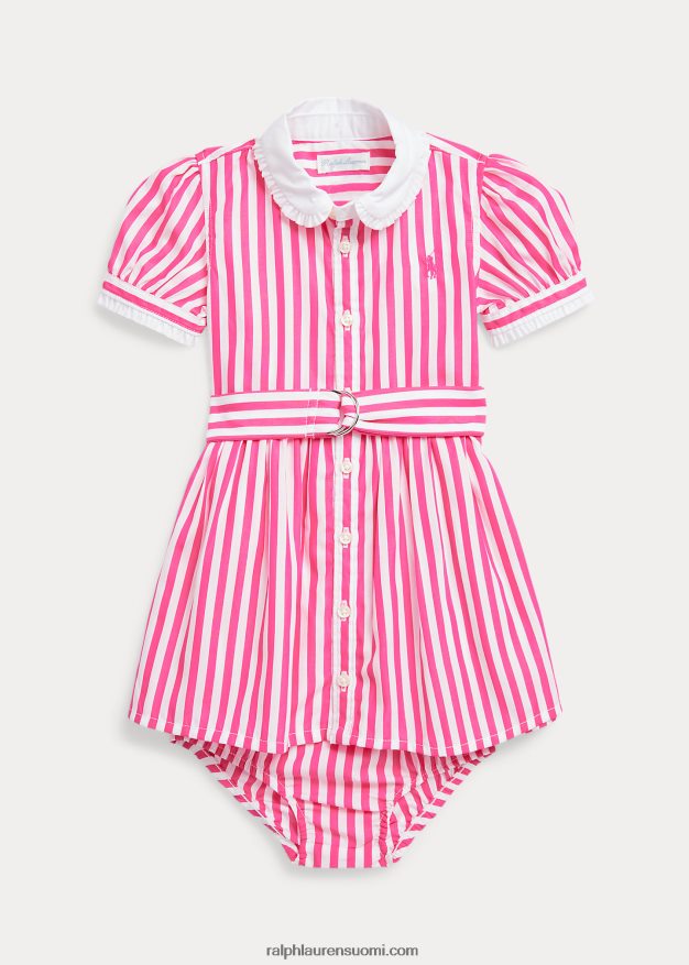 Ralph Lauren vauva vyöllinen puuvillainen paitamekko & bloomer 0Z24ZR8226 pinkki/valkoinen