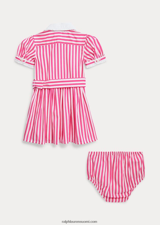Ralph Lauren vauva vyöllinen puuvillainen paitamekko & bloomer 0Z24ZR8226 pinkki/valkoinen
