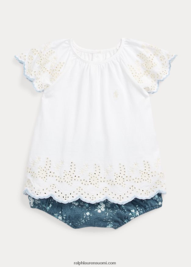 Ralph Lauren vauva eyelet puuvillatrikoo toppi & bloomer setti 0Z24ZR7773 kukka-