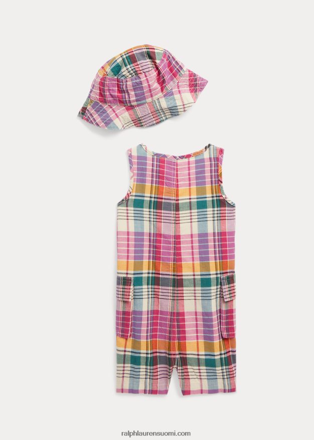 Ralph Lauren vauva indigo puuvilla madras shorts & hattu setti 0Z24ZR7827 pinkki/kermanvärinen multi